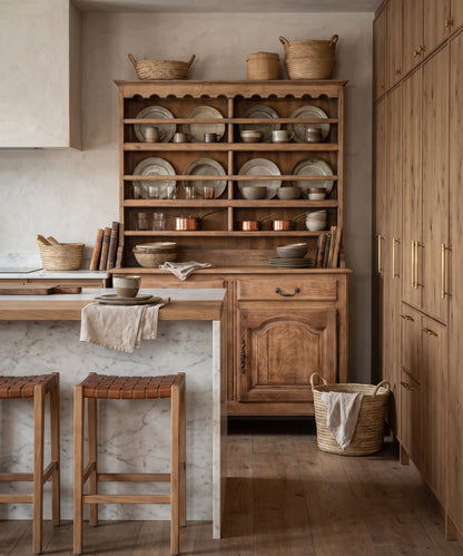 Aparador platero de roble en cocina con isla de mármol y cerámica — Antique Arte y Decoración