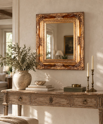 Espejo vintage barroco dorado sobre consola en salón de tonos cálidos — Antique Arte y Decoración
