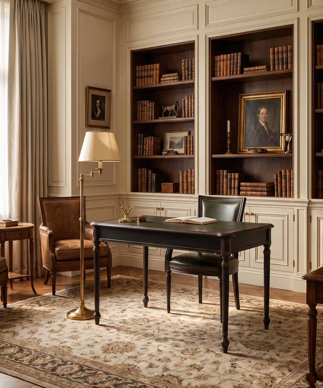Escritorio negro con sobre verde en despacho clásico con librerías — Antique Arte y Decoración