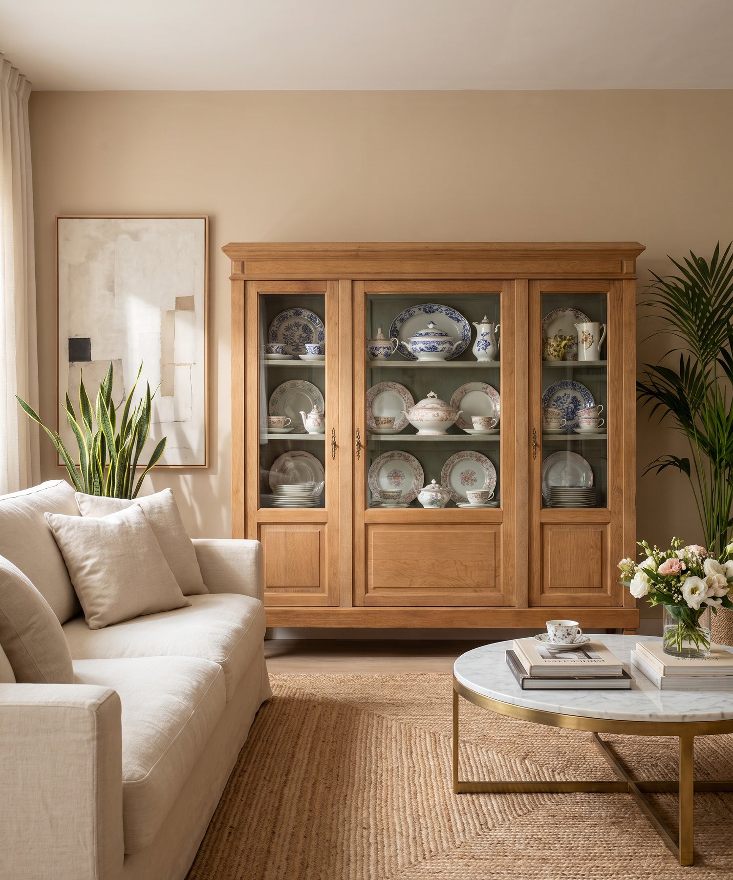 Vitrina librería de roble en salón con vajilla y sofá beige — Antique Arte y Decoración