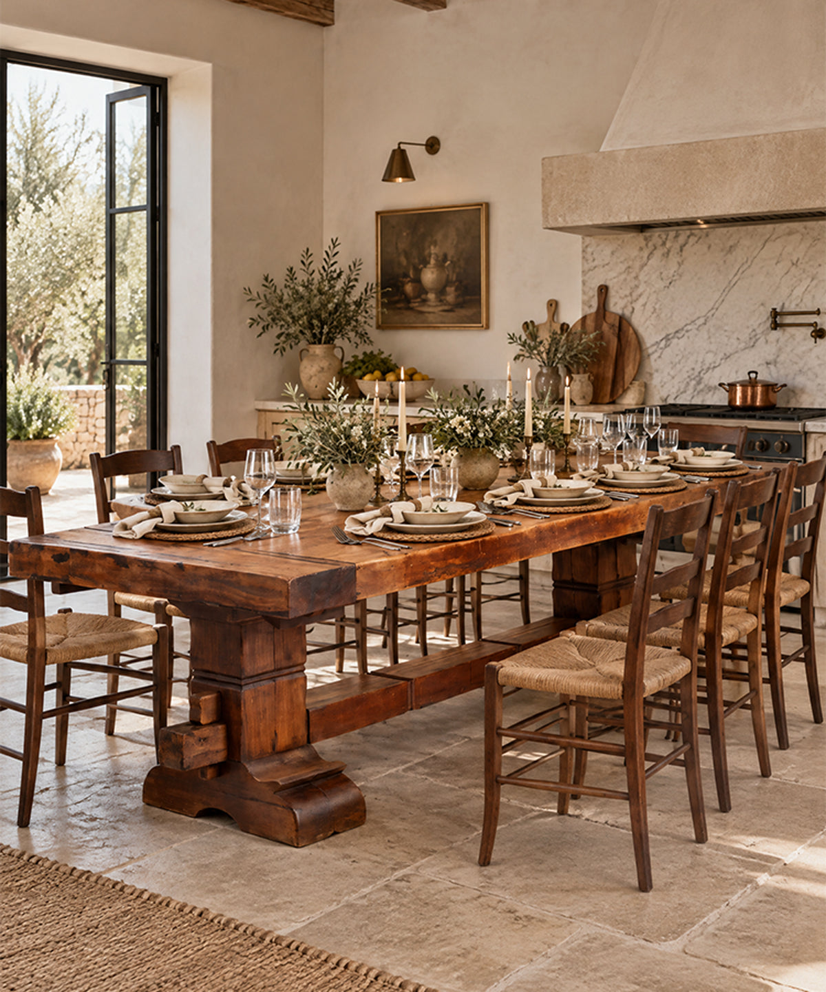 Mesa monasterio de teca en comedor con sillas de enea — Antique Arte y Decoración