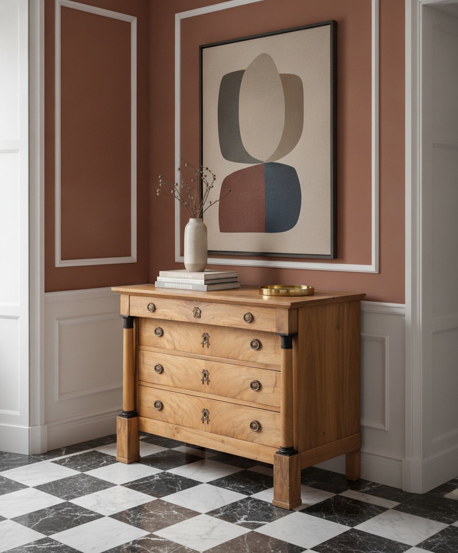 Cómoda de nogal Imperio bajo cuadro abstracto en recibidor de mármol — Antique Arte y Decoración
