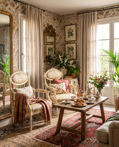 Pareja de sillones pintados en crema con tapizado de flores en salón clásico — Antique Arte y Decoración