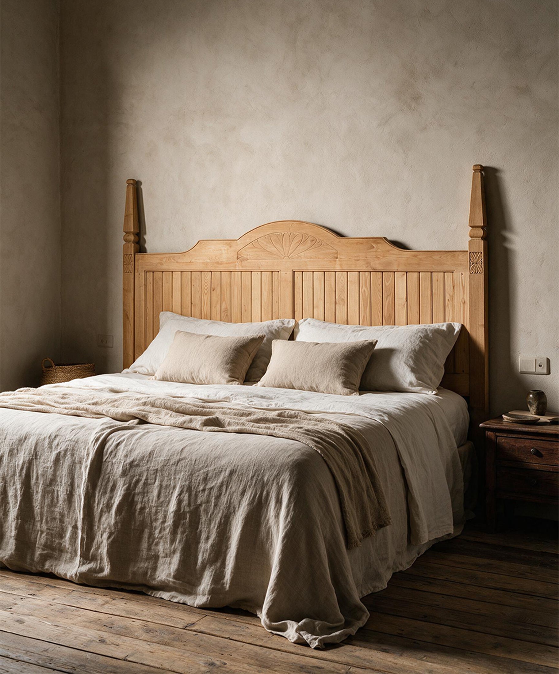 Cabecero de madera maciza king size sobre pared clara con cama de lino — Antique Arte y Decoración