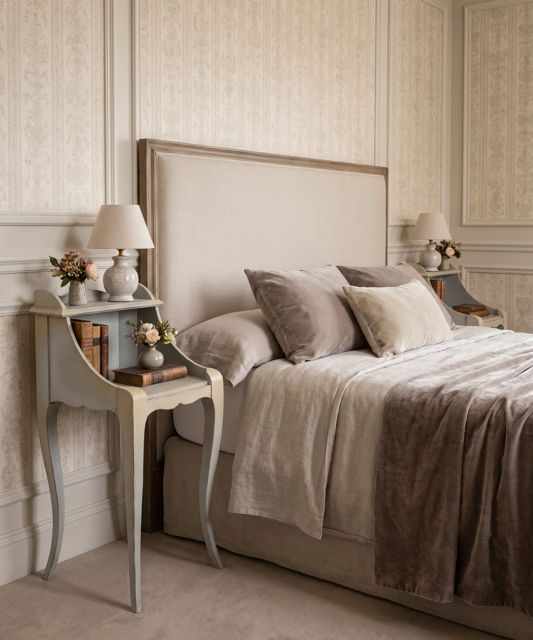 Pareja de mesitas de noche vintage marfil en dormitorio con cabecero de lino — Antique Arte y Decoración