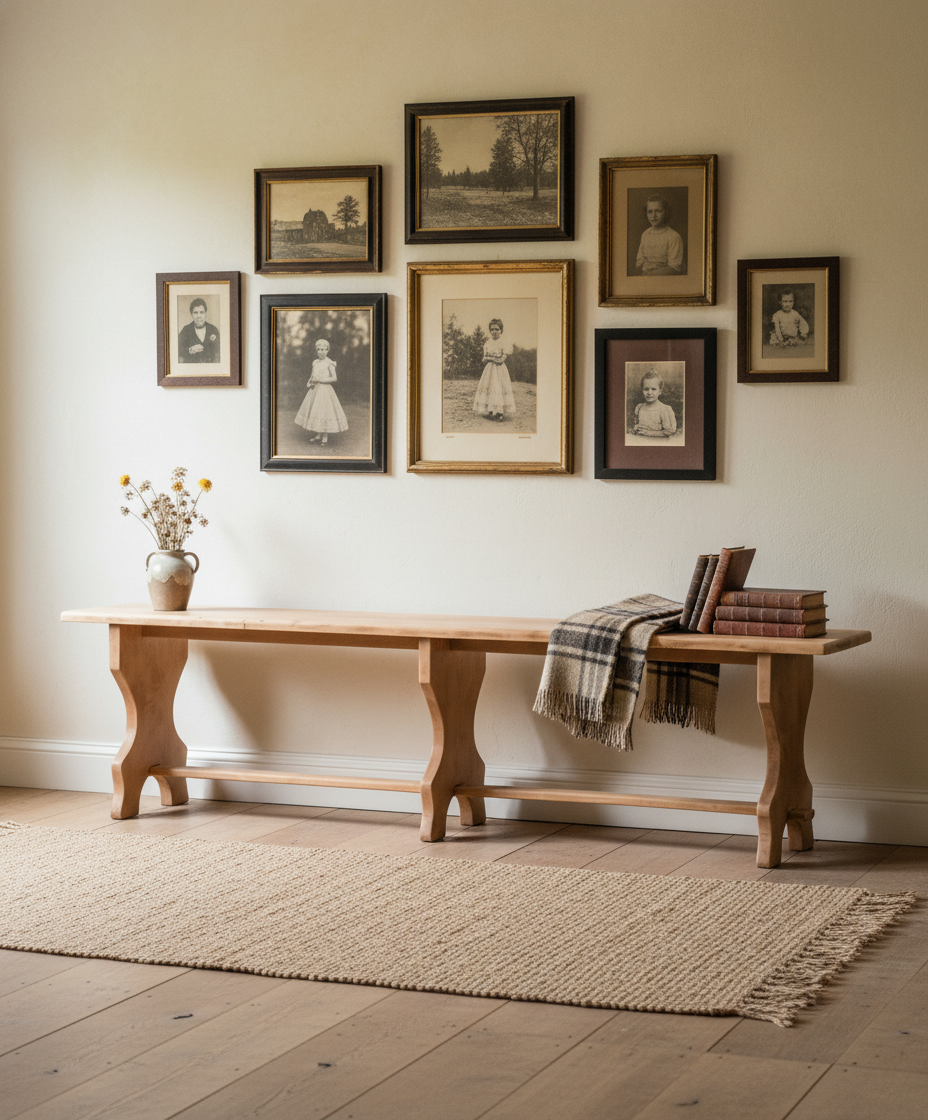 banco antiguo de madera decorando una entrada de casa