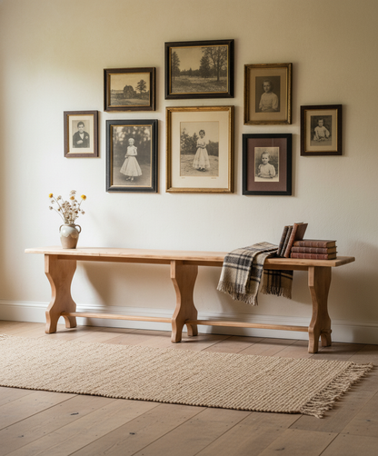 banco antiguo de madera decorando una entrada de casa