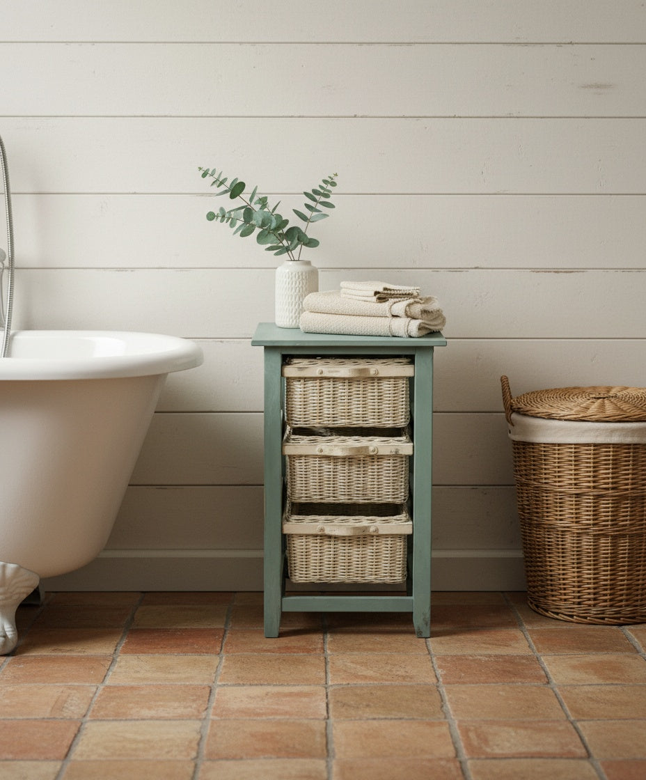Cajonera rústica en ambiente de baño junto a una bañera con patas, decorada con toallas y jarrón