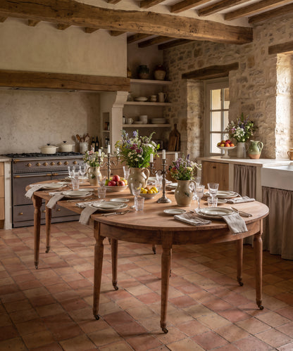 Consola demi-lune antigua de nogal lavado en cocina de casa de campo — Antique Arte y Decoración