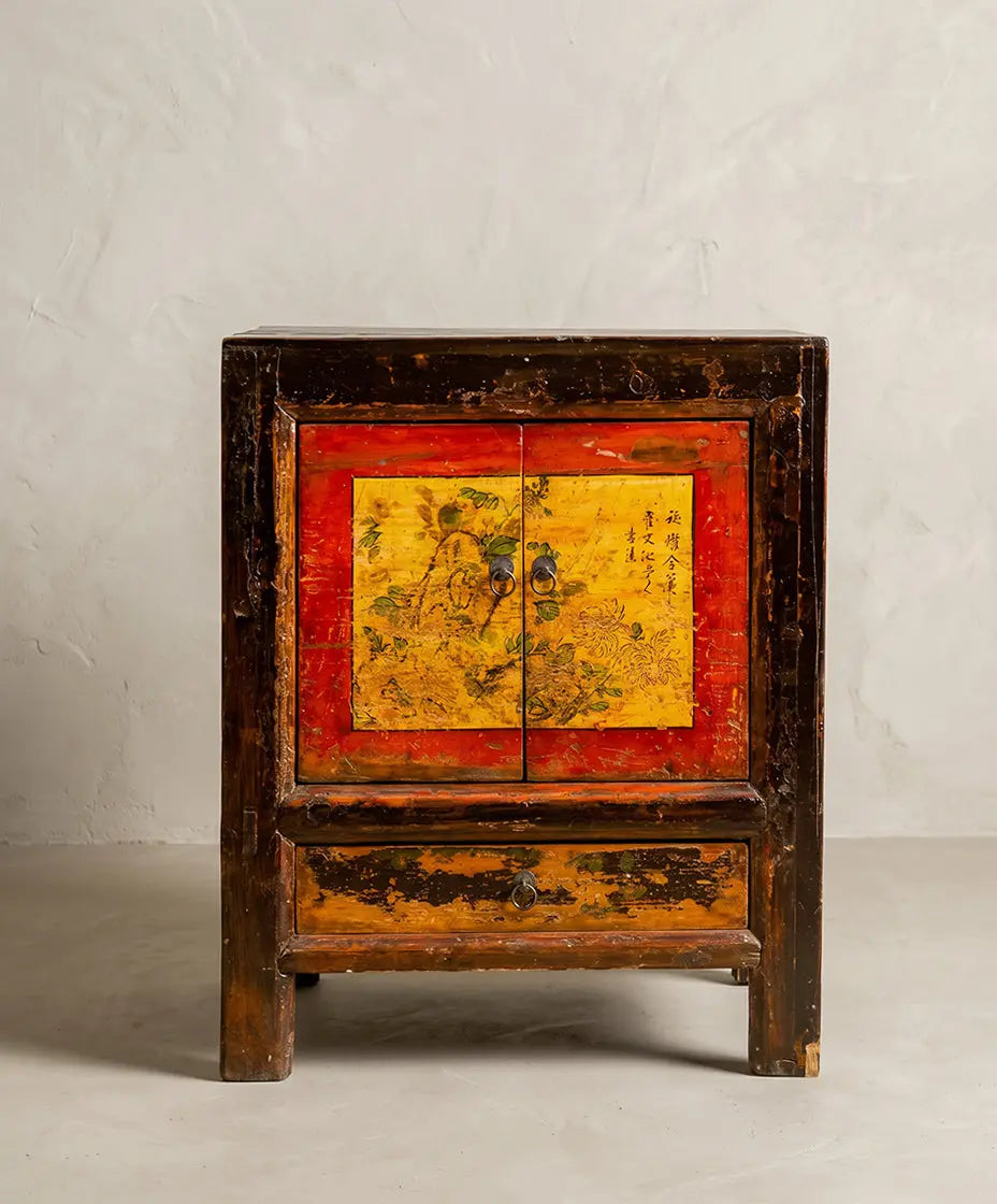Mesita auxiliar china antigua con Pintura Original y Caligrafía (65×80 cm)