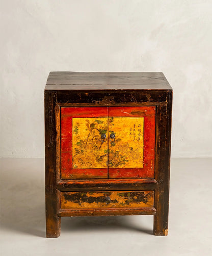 Mesita auxiliar china antigua con Pintura Original y Caligrafía (65×80 cm)