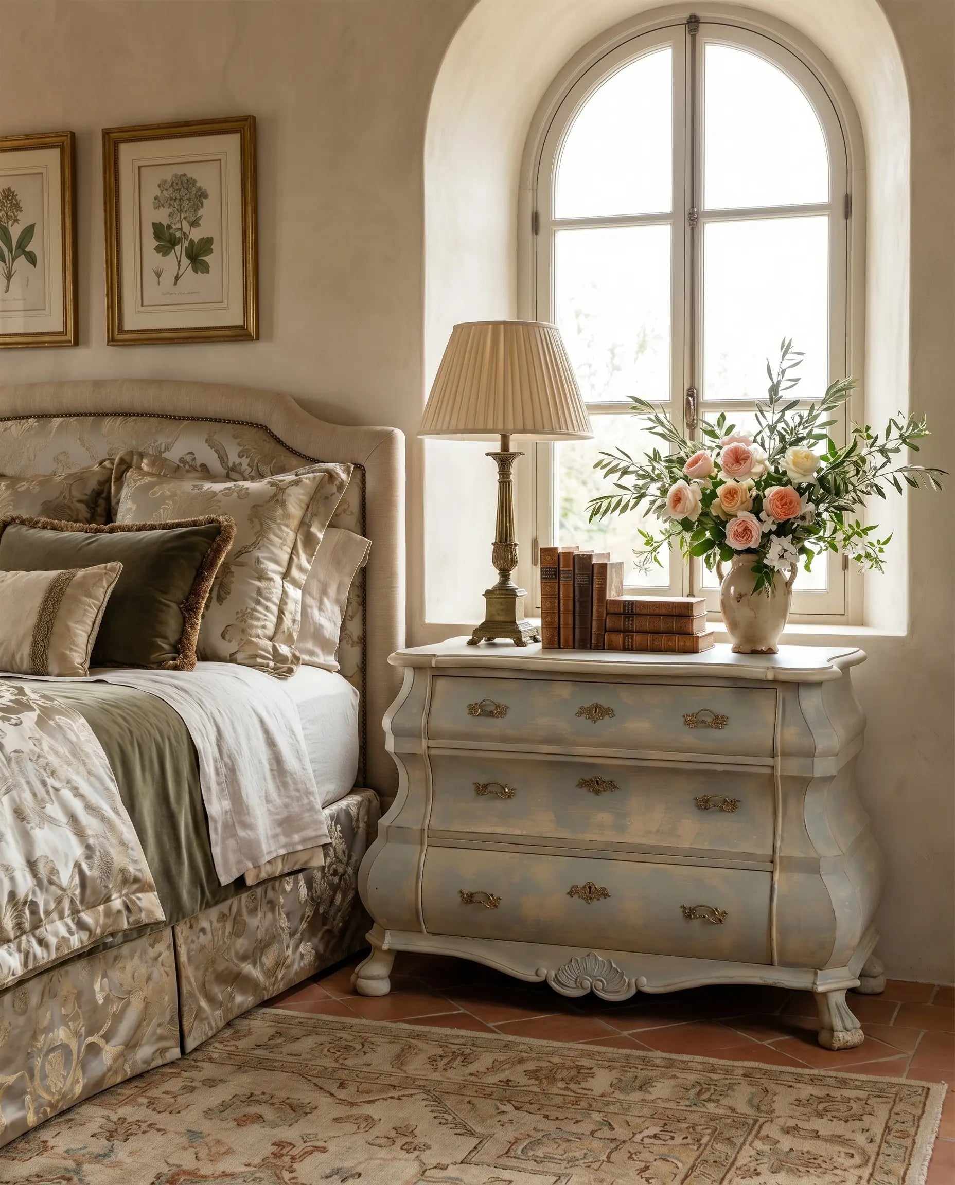 Cómoda baja vintage estilo bombé holandés pintada en azul claro y beige con patas de garra.