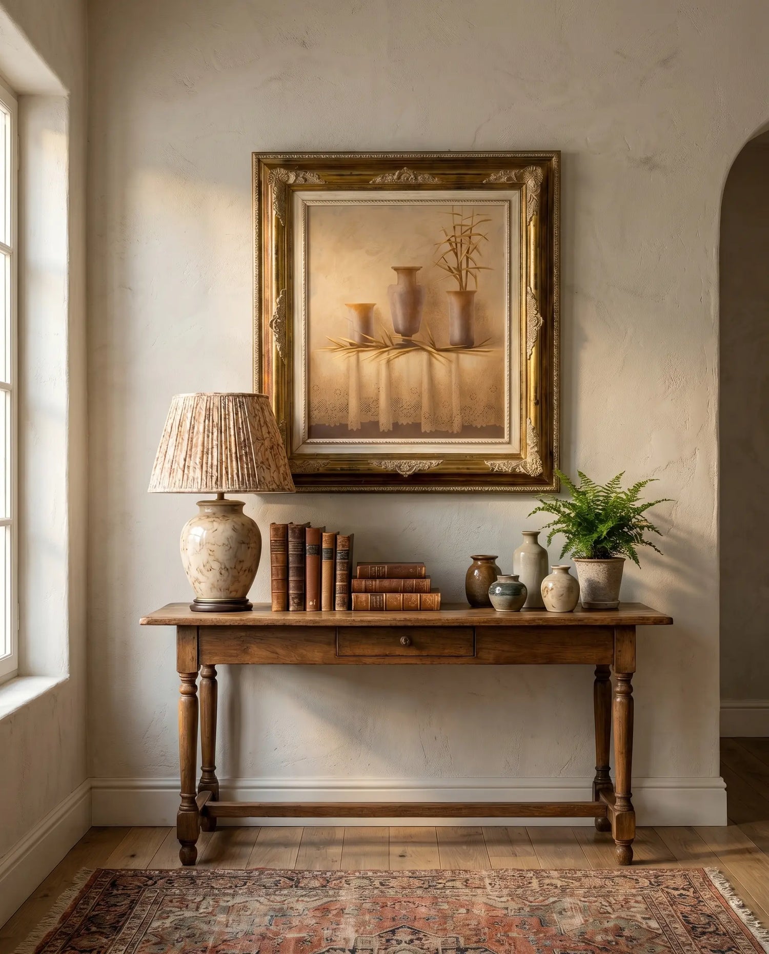 Cuadro bodegón en tonos tierra con marco clásico dorado (77 x 89 cm)