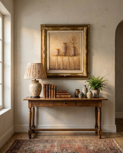 Cuadro bodegón en tonos tierra con marco clásico dorado (77 x 89 cm)