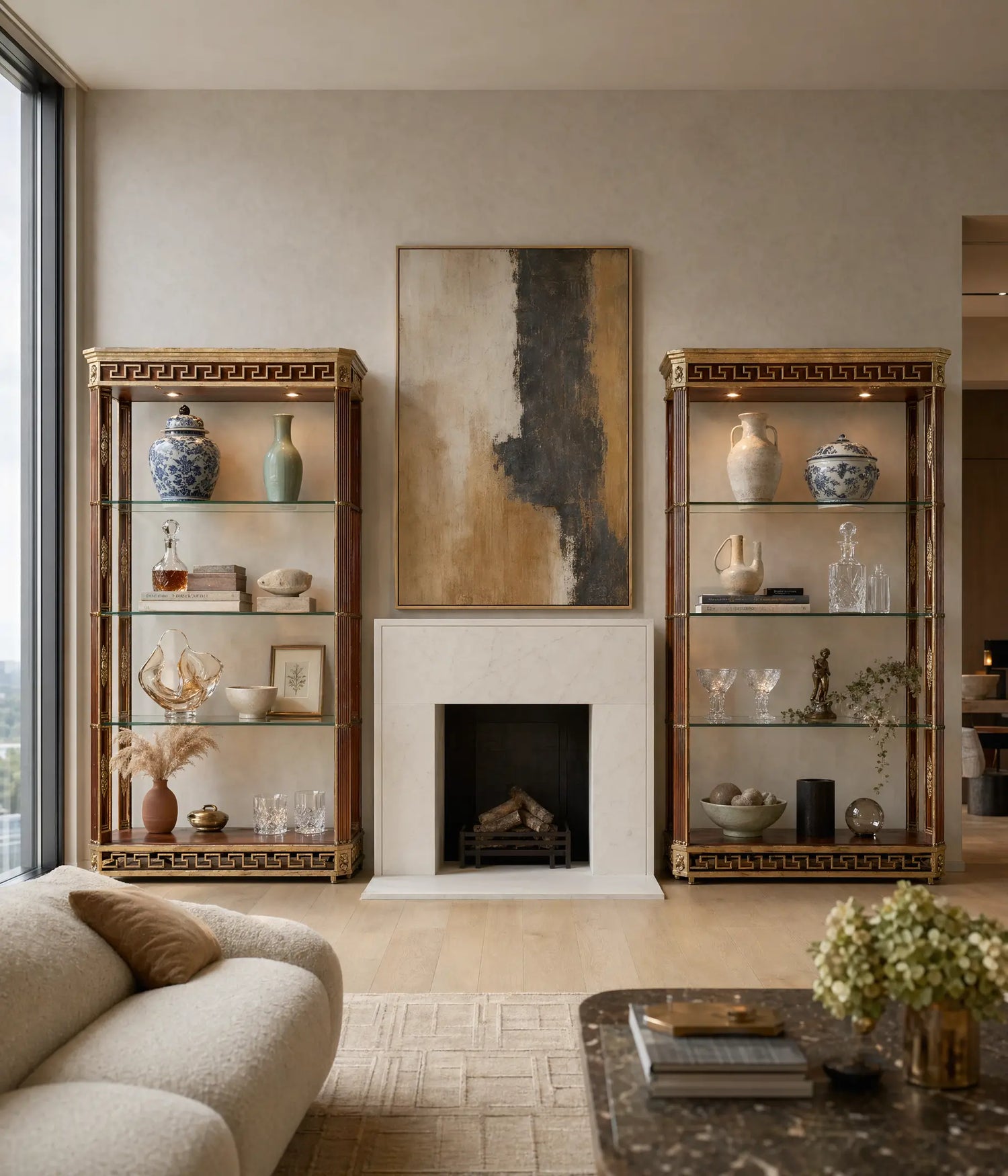 Pareja de grandes estanterías de metal forjado con iluminación