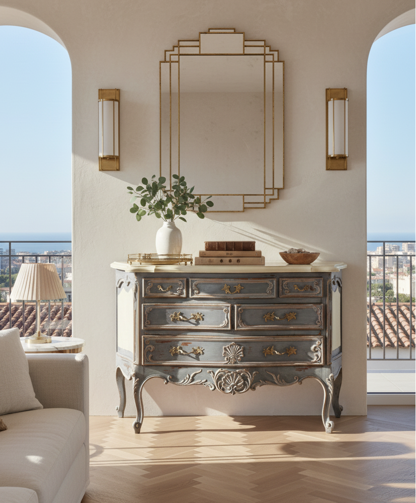 La cómoda de estilo antiguo utilizada como consola de entrada, con un espejo art déco dorado y apliques de pared.