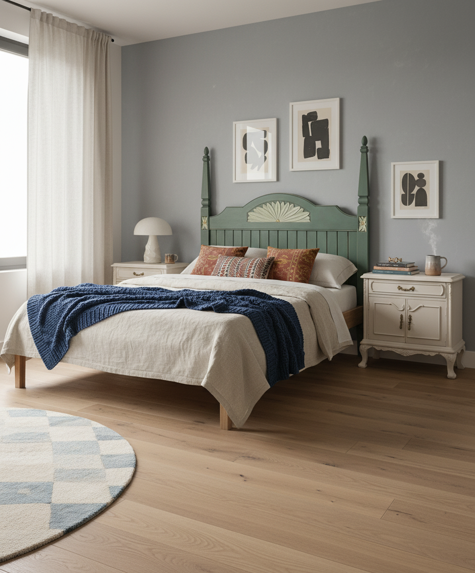 cabecero de madera macia verde salvia decorado en dormitorio