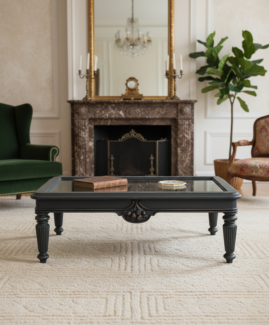 Ambiente de salón clásico con mesa de centro oscura, sillón verde y chimenea de mármol