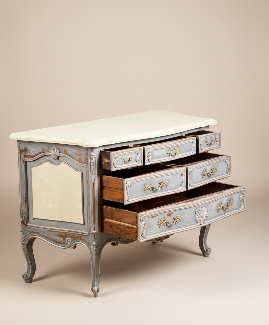 Cómoda estilo Luis XV con sus seis cajones abiertos, mostrando el interior de madera natural.