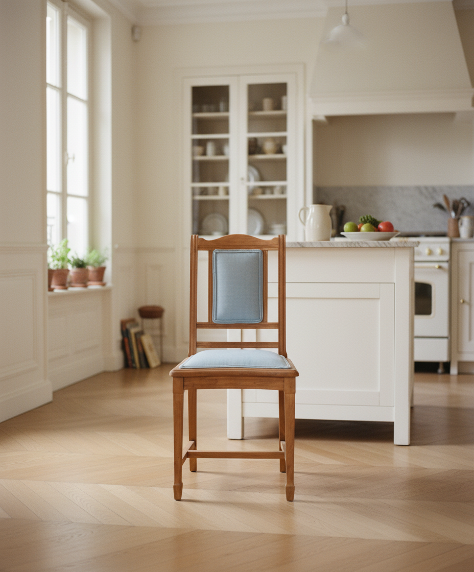 silla de madera con tapizado en azul