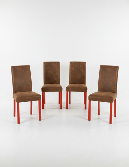 conjunto de cuatro sillas de comedor con patas rojas
