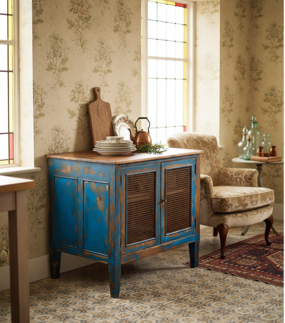 mesa isla industrial de madera con puertas en azul