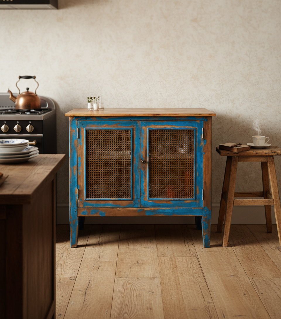 mesa isla industrial de madera con puertas en azul deco