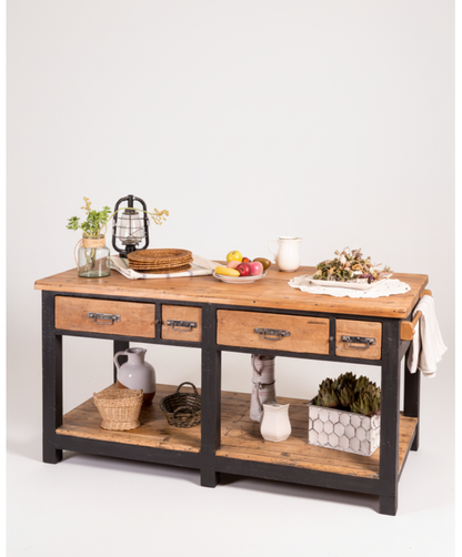 mesa isla industrial de madera vista lateral