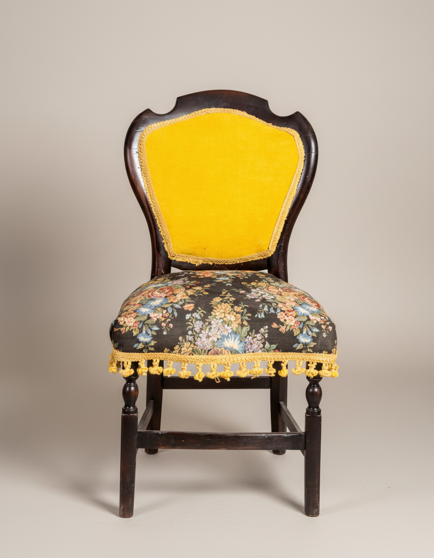 silla antigua tapizada negra con borlones
