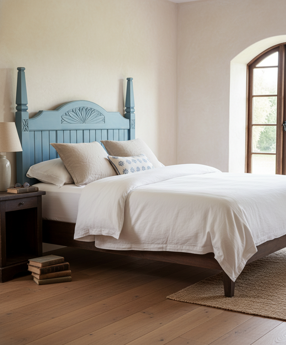 Dormitorio luminoso con cabecero azul estilo mediterráneo y ropa de cama blanca