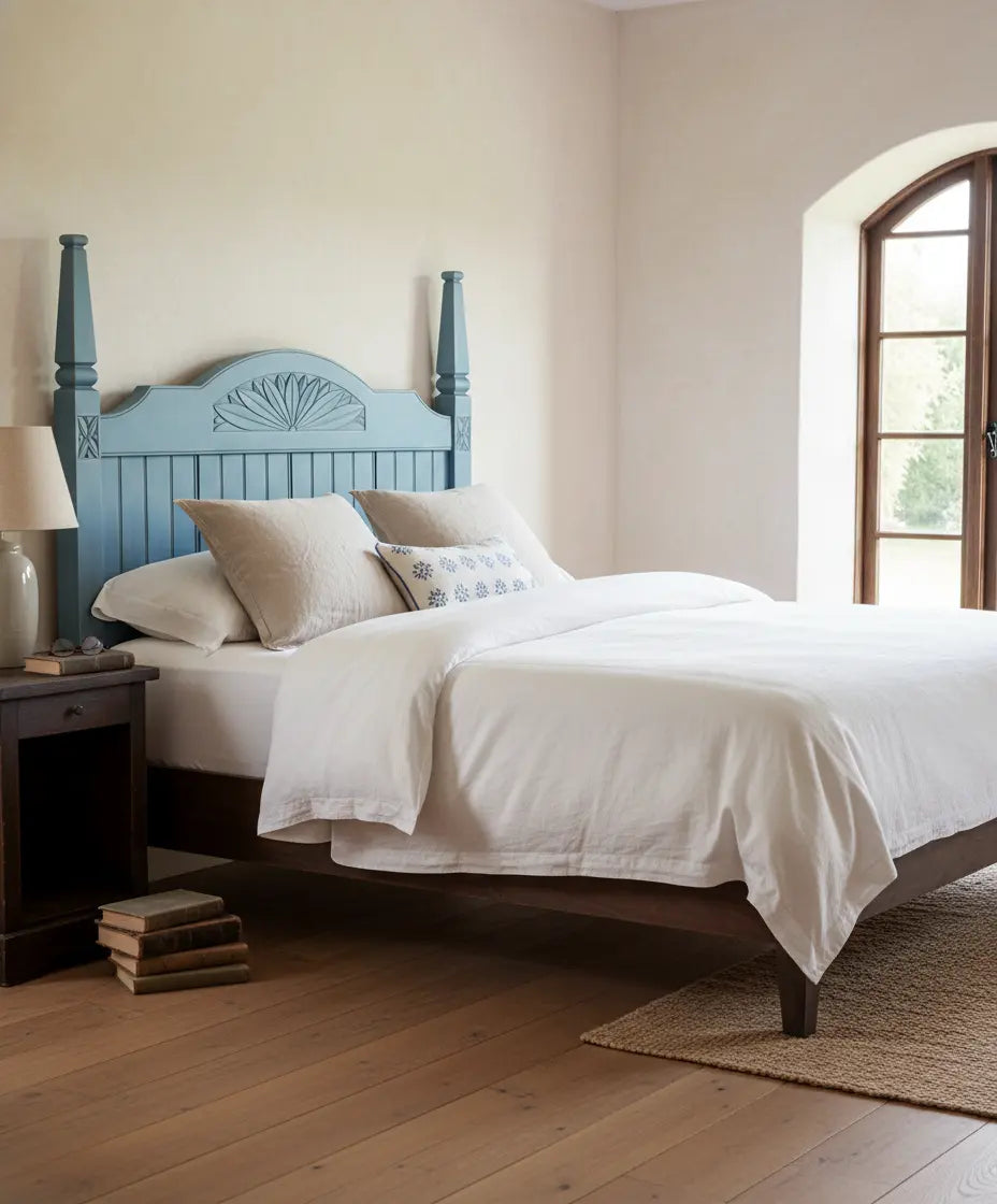 Dormitorio luminoso con cabecero azul estilo mediterráneo y ropa de cama blanca
