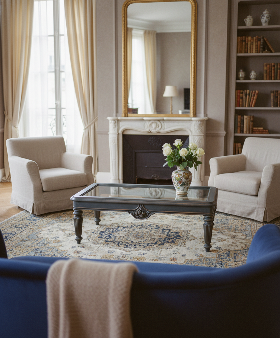 Salón elegante con mesa de centro estilo francés frente a una chimenea y espejo dorado