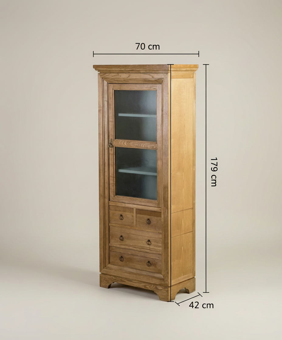 Vitrina alta de madera maciza vista frontal con medidas 179 cm de alto y 70 cm de ancho
