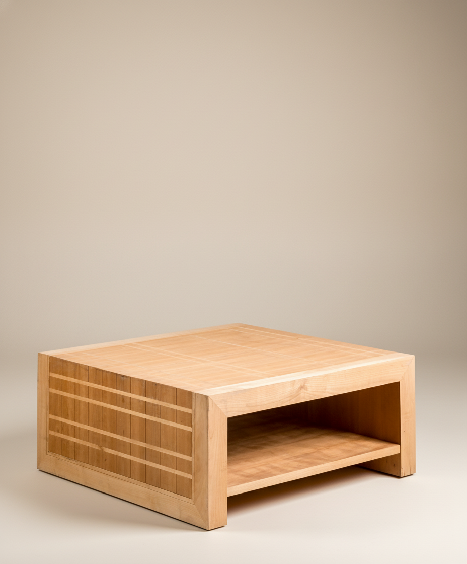 Mesa de centro de madera clara artesanal mostrando su estante inferior y el detalle geométrico lateral.
