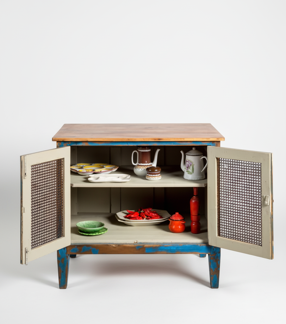 mesa isla industrial de madera con puertas en azul