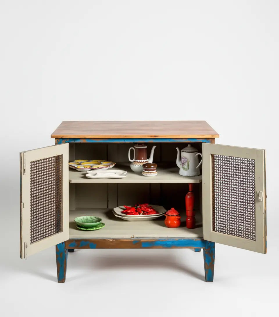 mesa isla industrial de madera con puertas en azul
