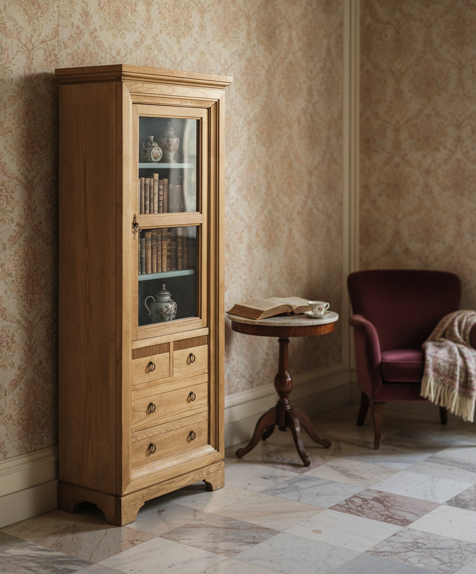 Vitrina de estilo rústico decorada en un salón vintage con papel pintado y sillón de terciopelo