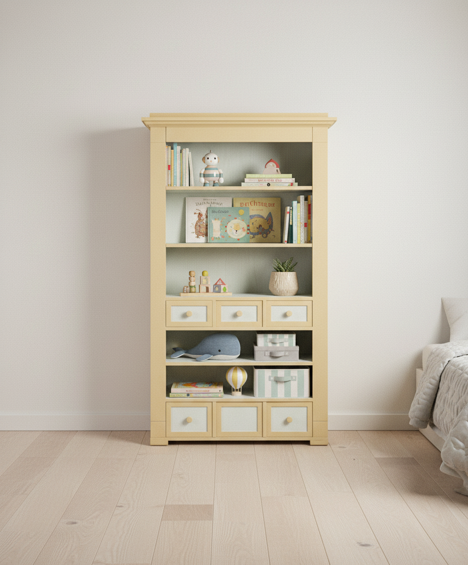 Librería utilizada en habitación infantil con juguetes y libros en tonos pastel