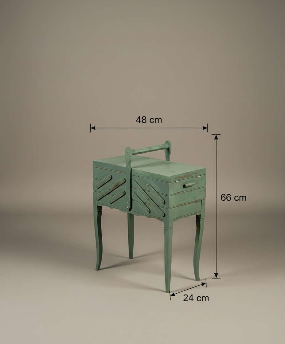 Esquema de medidas del costurero: 48cm ancho, 66cm alto y 24cm fondo