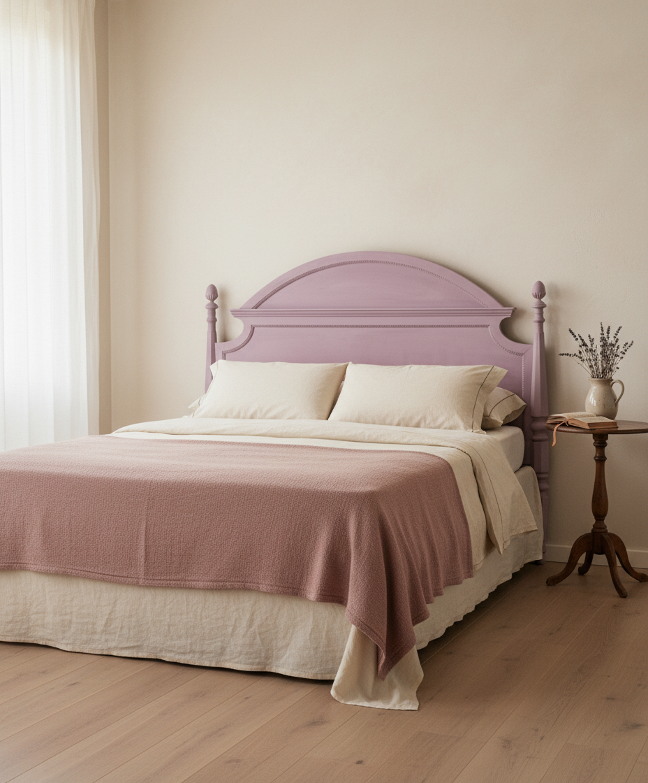 Ambiente de dormitorio luminoso con cabecero rosa, manta de punto color malva y decoración floral seca