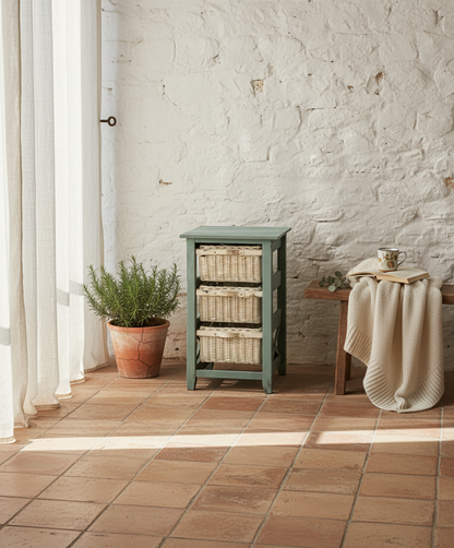 Mueble auxiliar colocado en un salón rústico con suelo de terracota, junto a un banco de madera y plantas