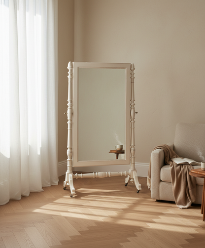 Espejo de pie antiguo blanco colocado en un salón moderno con suelo de madera y luz natural
