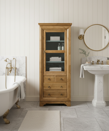 Vitrina de madera utilizada como mueble de baño para toallas junto a una bañera clásica