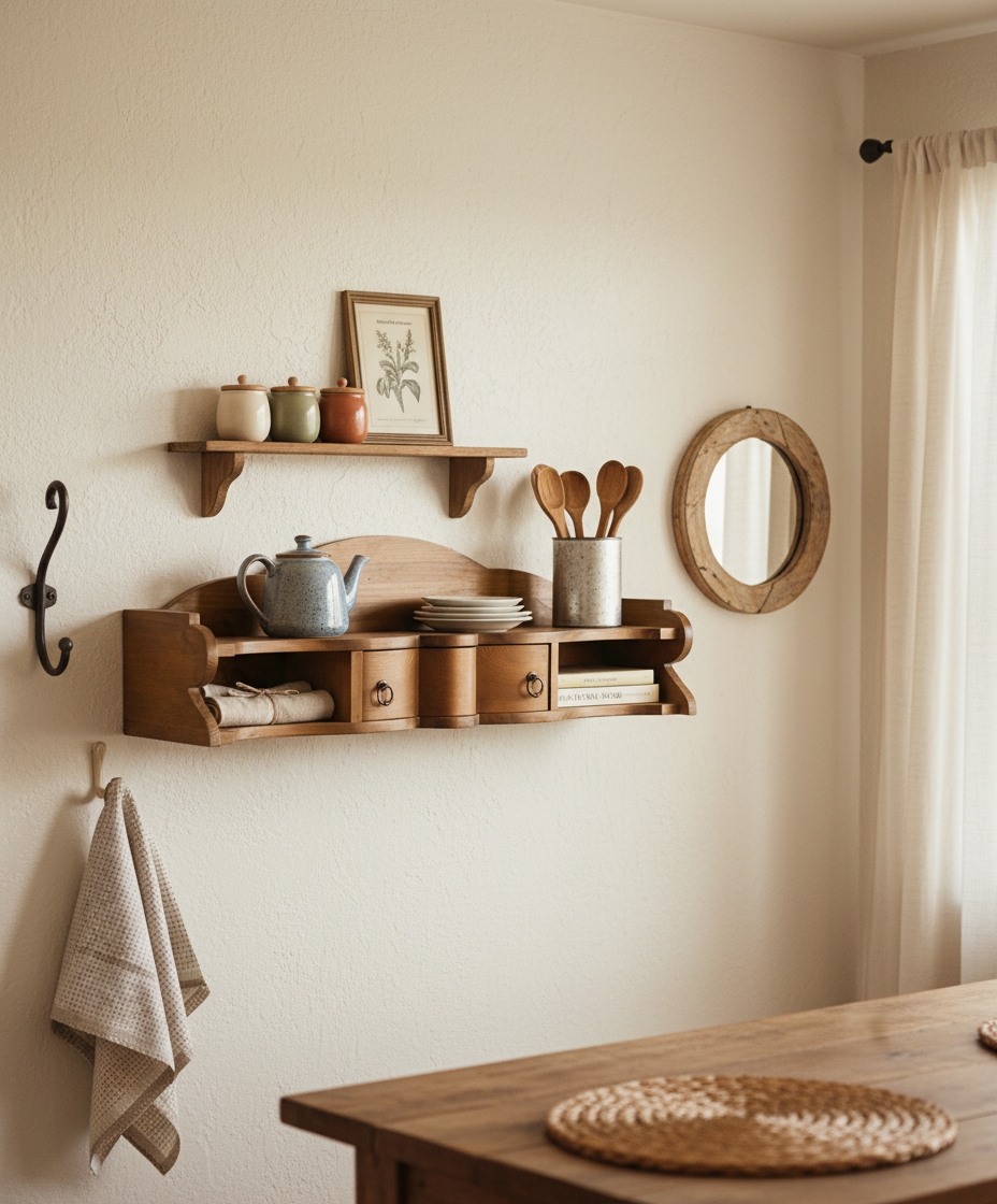 Estantería colgada en pared blanca decorada con vajilla, tetera azul y utensilios de madera