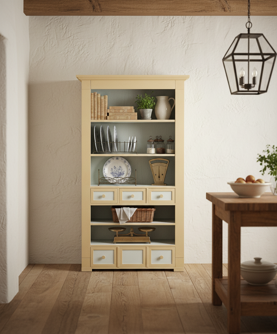 Mueble usado como alacena de cocina estilo rústico con vajilla y cestas