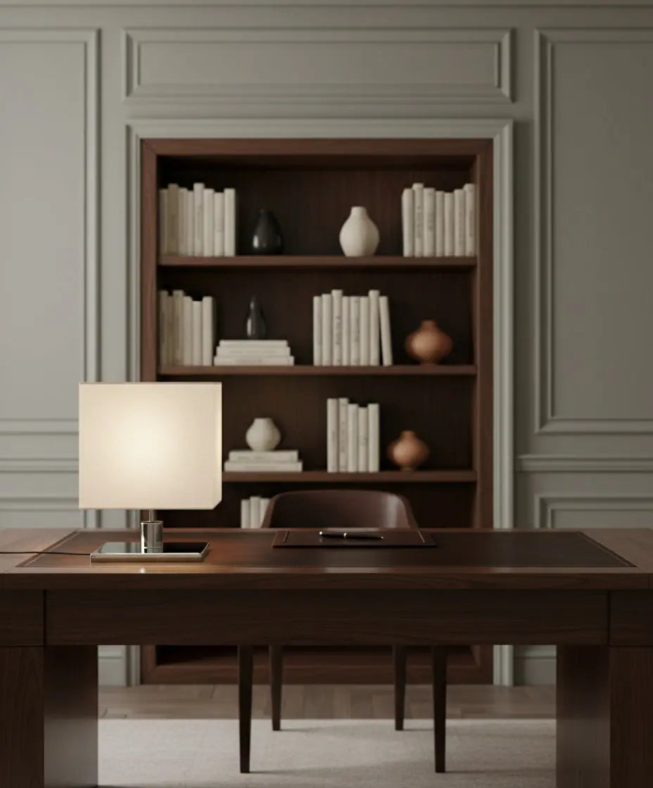 Composición de oficina de alta gama con iluminación de diseño contemporáneo y estantería al fondo.
