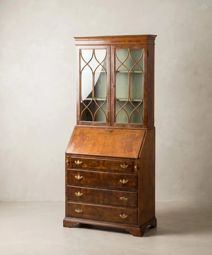 Mueble vitrina con escritorio secretaire de estilo Inglés en madera de caoba