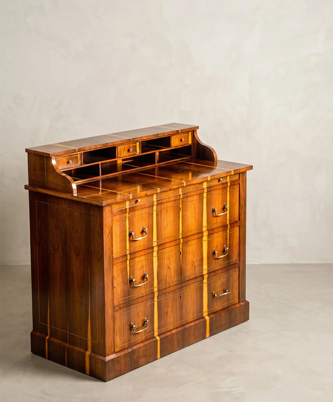 Cómoda-Escritorio vintage en madera con bandeja extraíble y Marquetería
