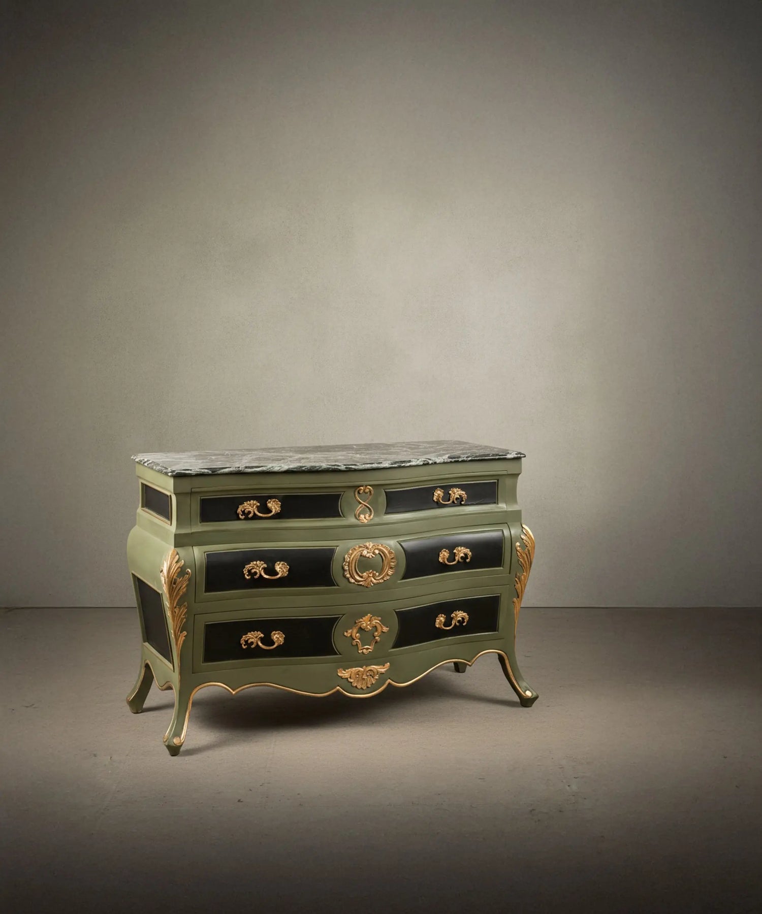 Louis XV style bombé chest of drawers in olive green and black