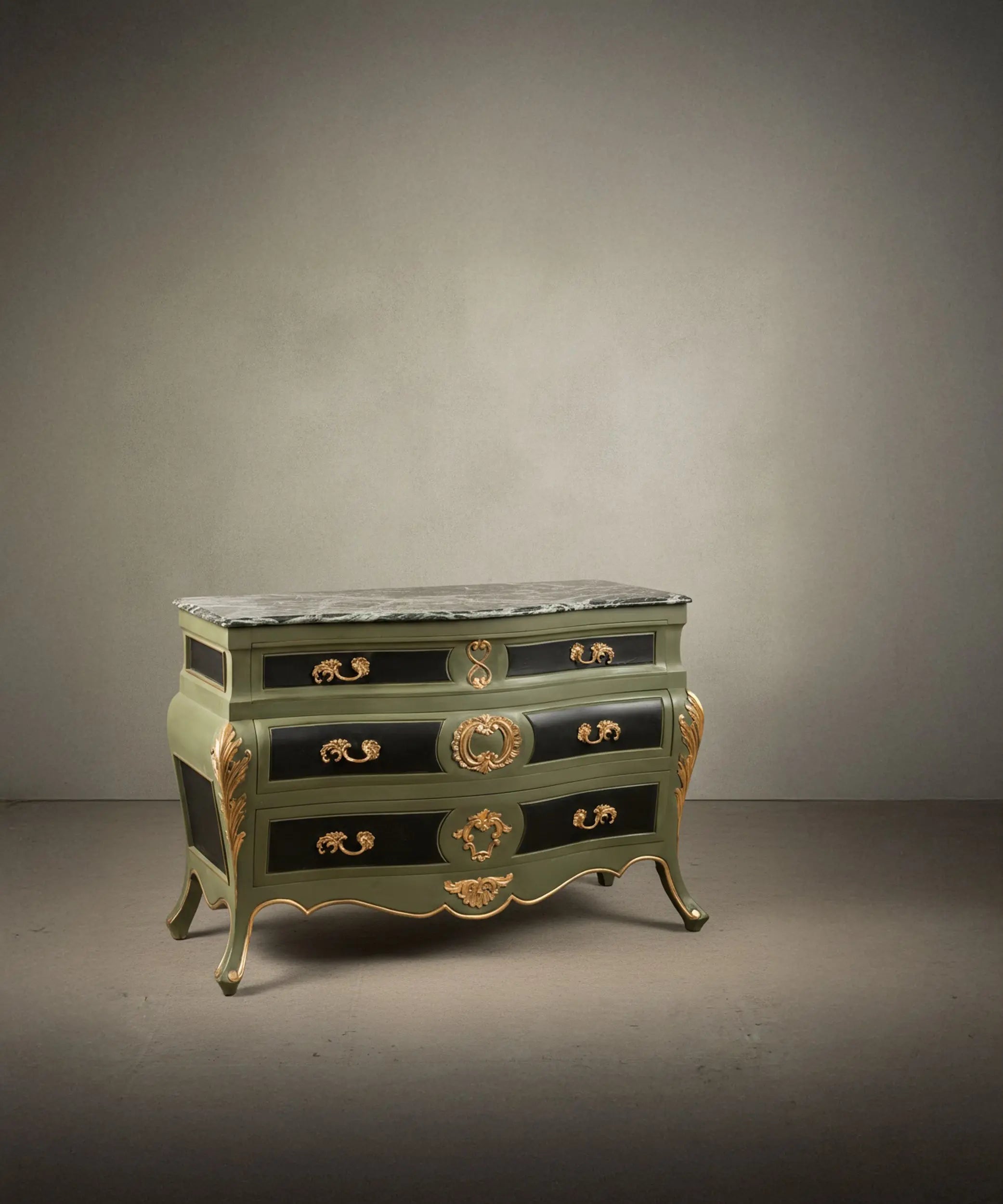 Louis XV style bombé chest of drawers in olive green and black